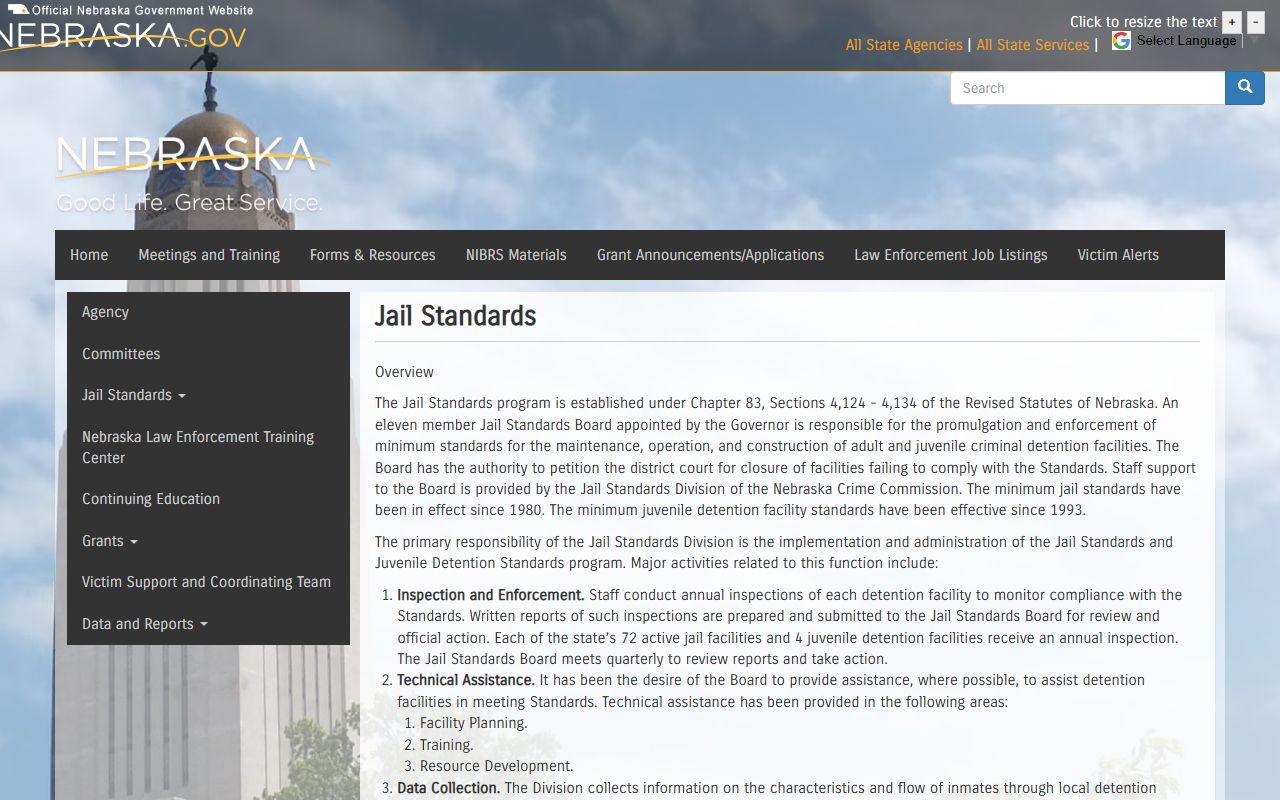 Nebraska jail standards page for statewide jail facility oversight