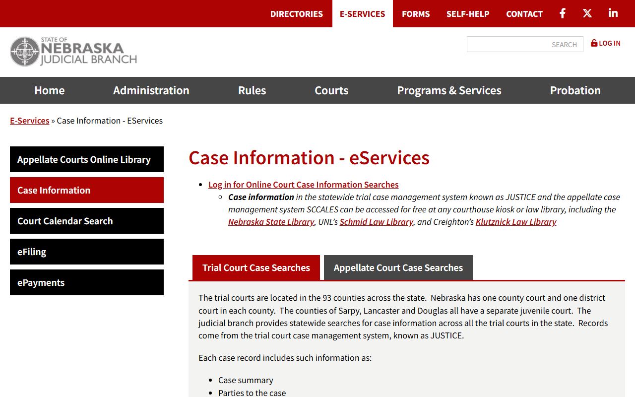 Nebraska Judicial Branch case information page for court records after arrest