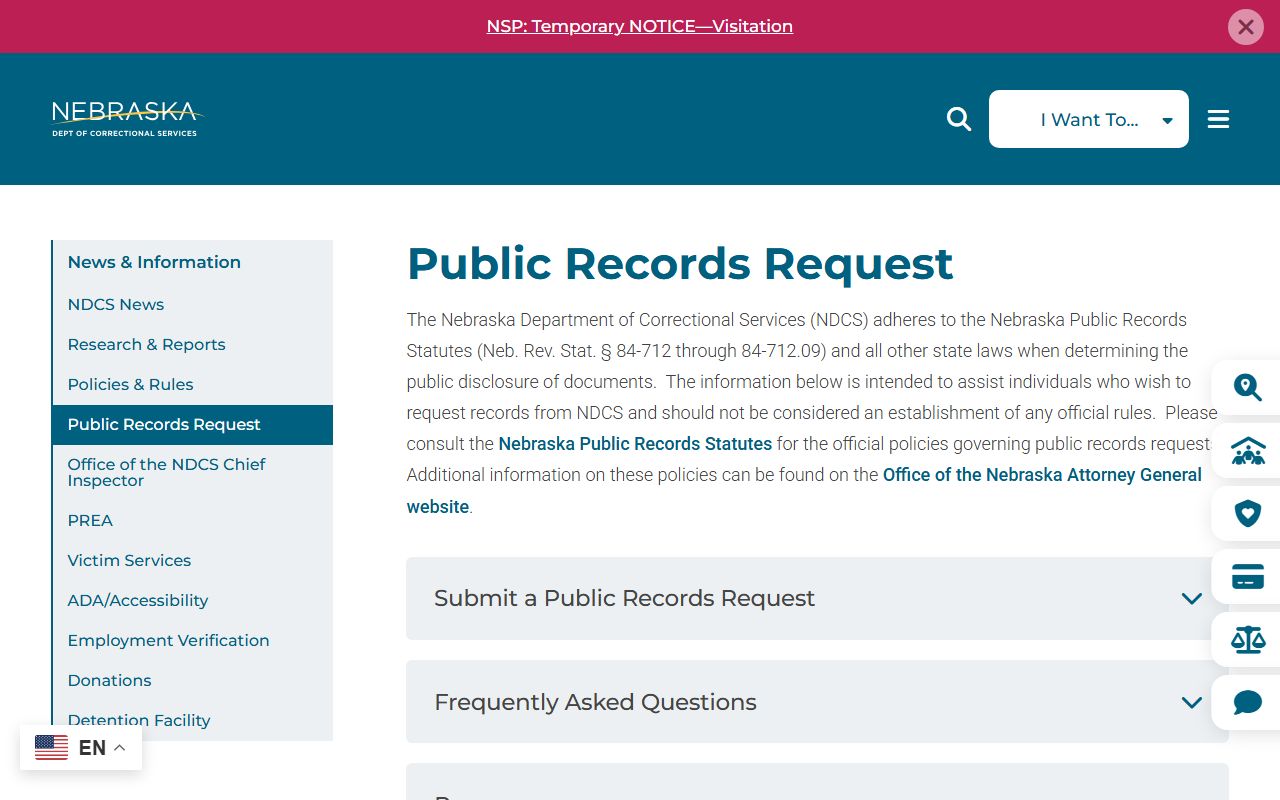 Nebraska inmate records public records request page from NDCS