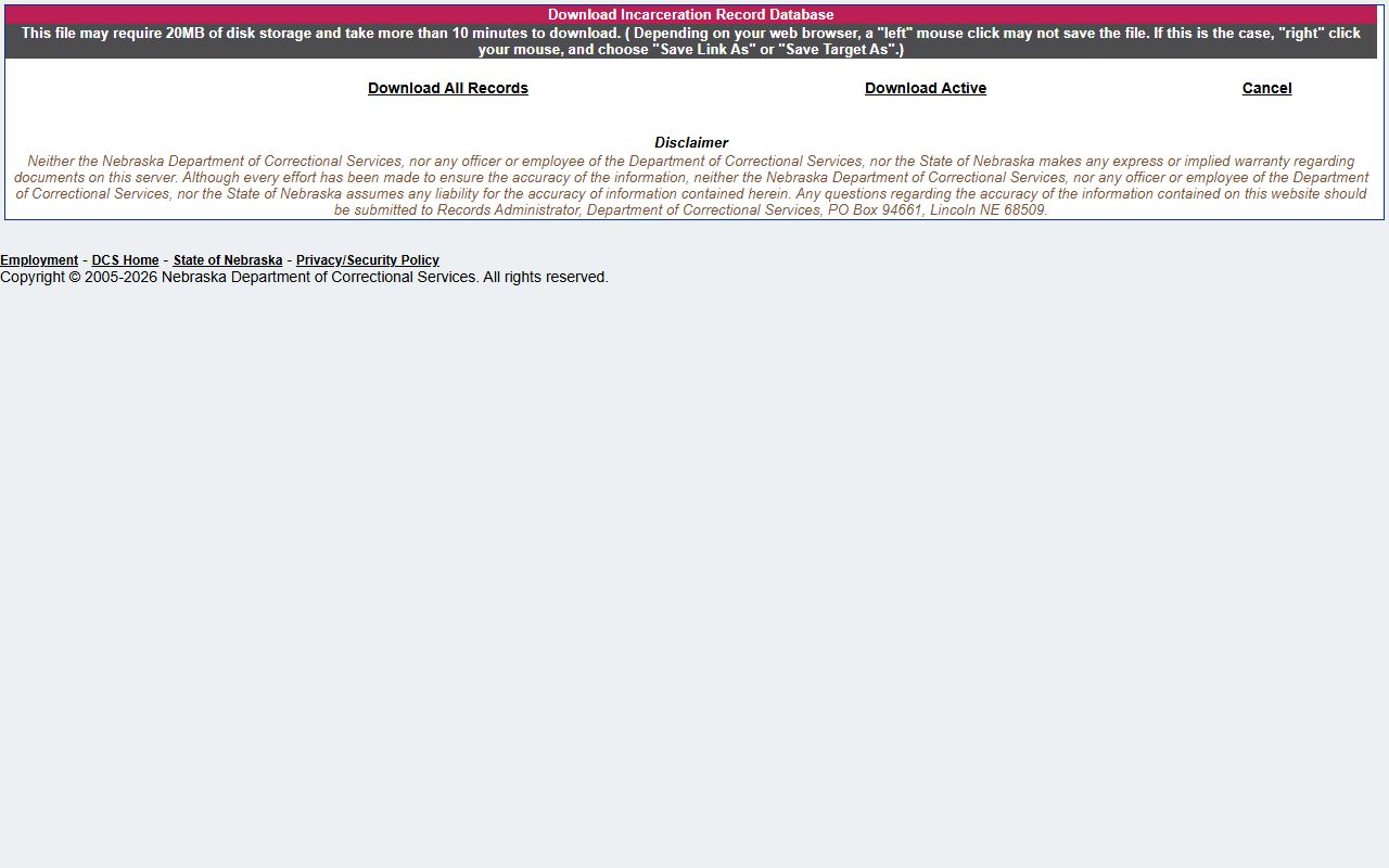 NDCS download all incarceration records page for inmate population data