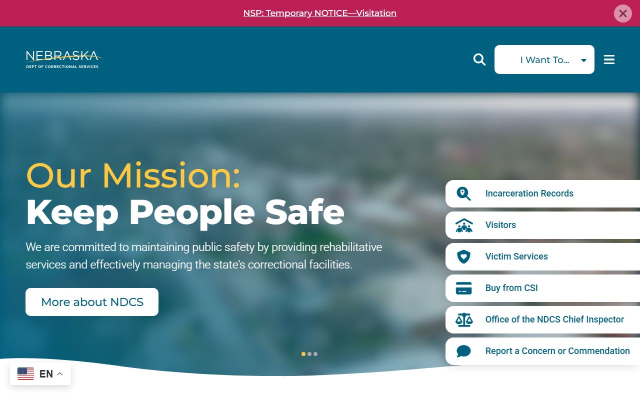 Nebraska NDCS homepage for statewide inmate population search
