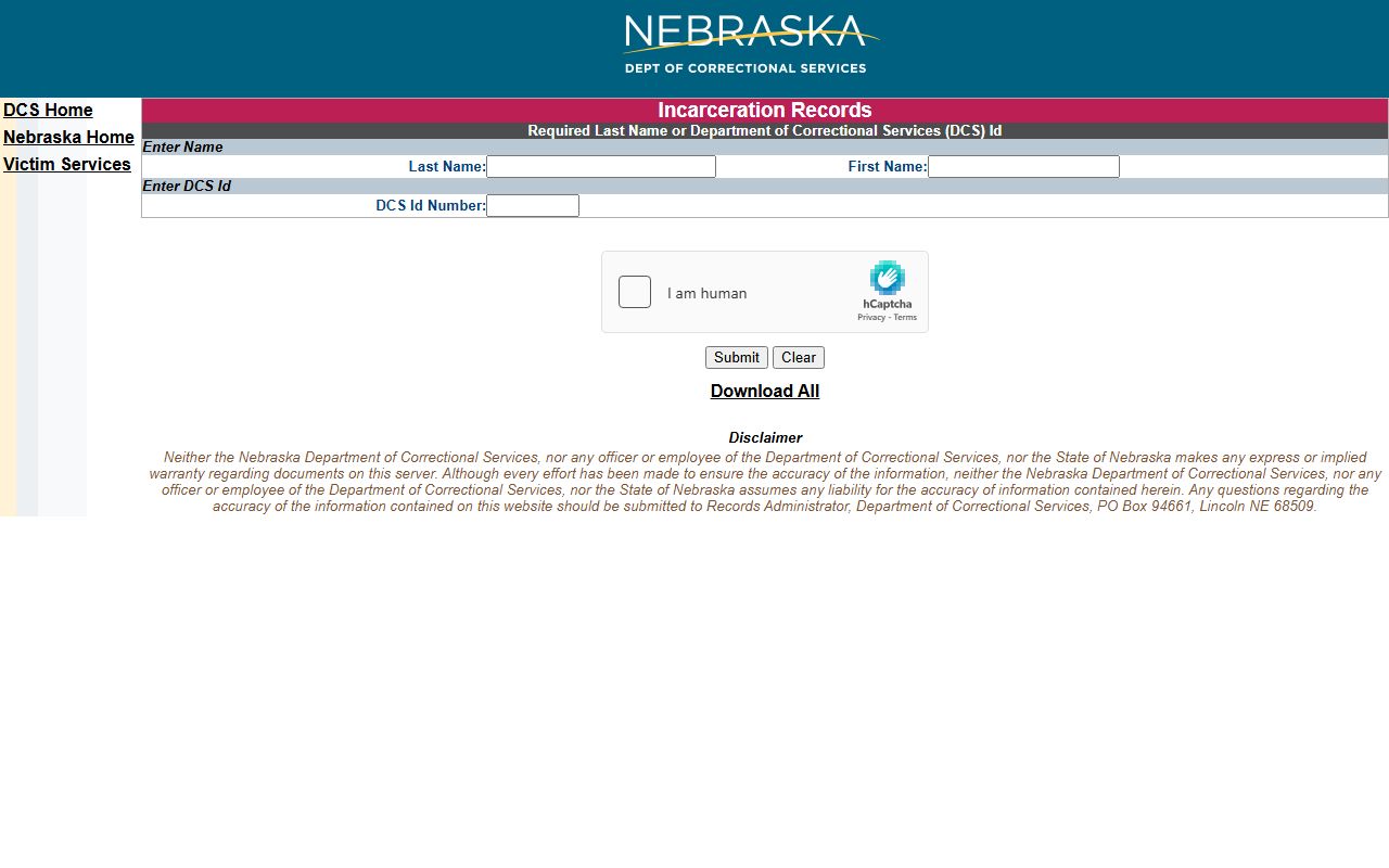 Nebraska NDCS incarceration records inmate search screen