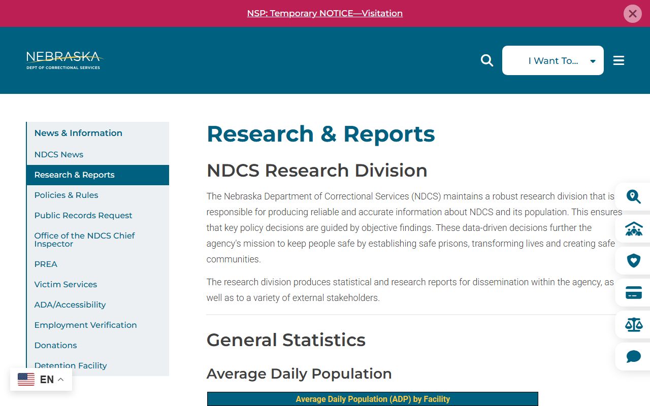 Nebraska NDCS reports page for inmate population statistics
